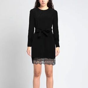 Anna Molinari Black Long Sleeve Lace Trim Belted Dress